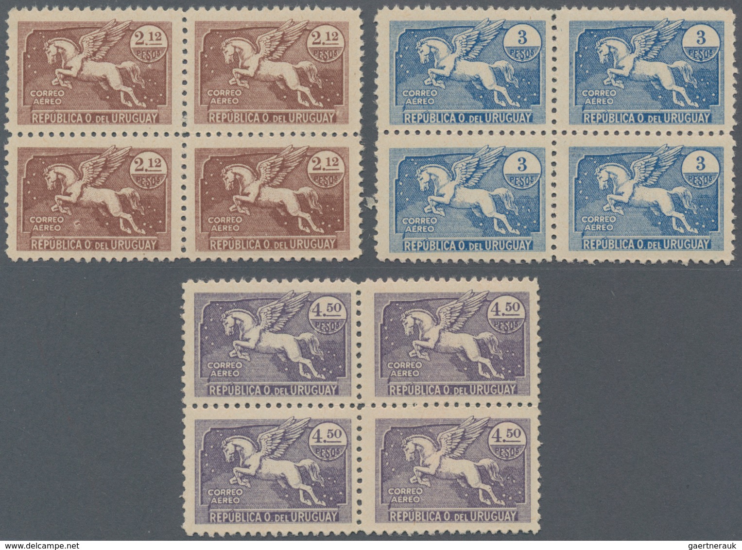 Uruguay: 1935 (ca.), Airmail Issue 'Pegasus' PROOFS Of Three Different Denominations 2.12p. Brown, 3 - Uruguay