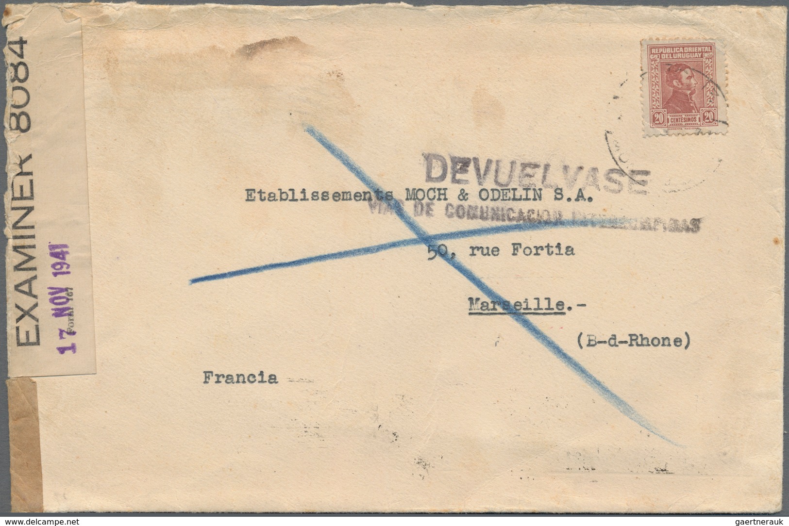 Uruguay: 1941, Jose Artigas 20 C Brown On Envelope Adressed From "MONTEVIDEO OCT 13 1941" With Two D - Uruguay