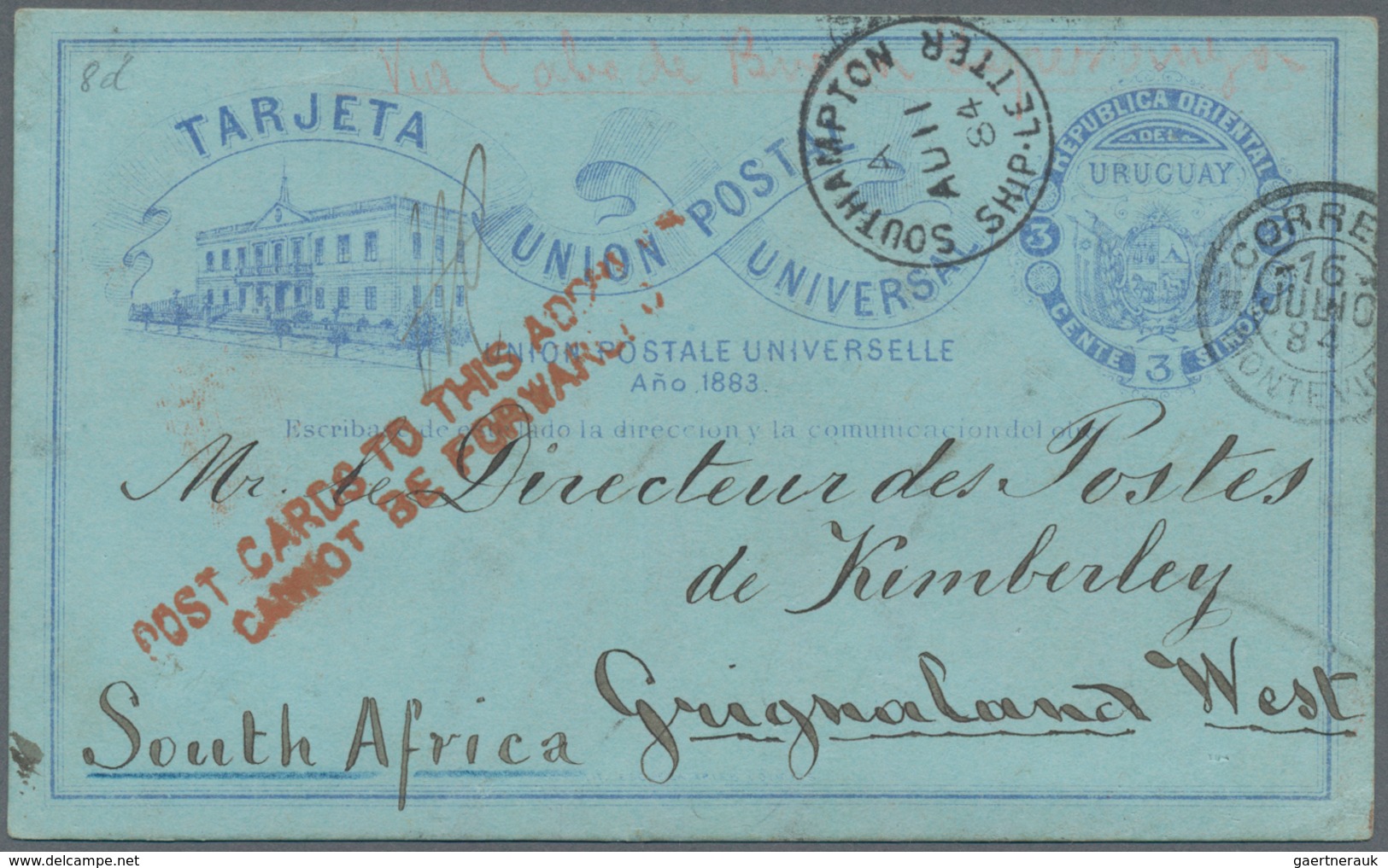 Uruguay - Ganzsachen: 1884, Stationery Card 3 Centavos Blue On Bluish With Double Cds "MONTEVIDEO 16 - Uruguay