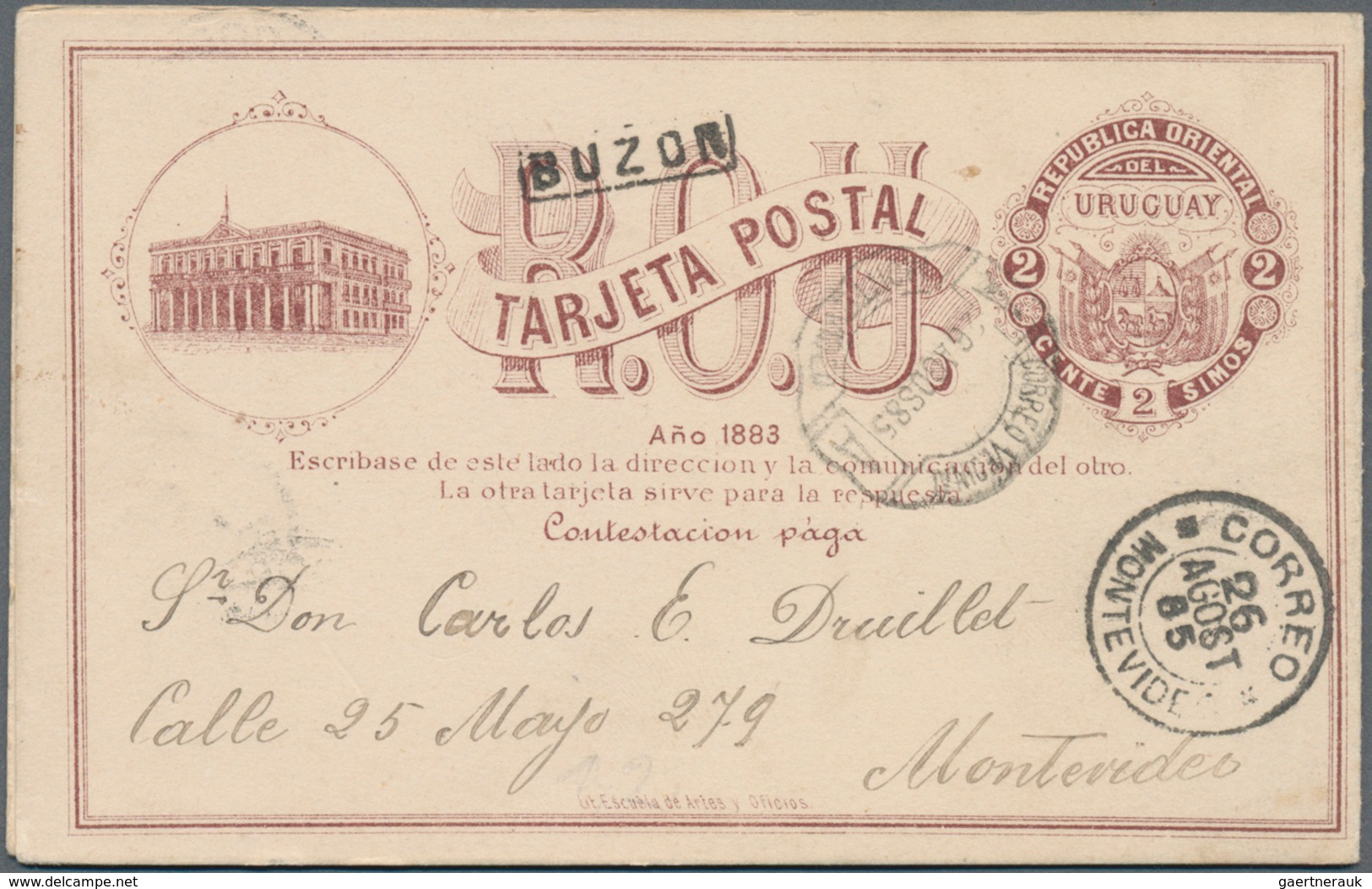 Uruguay - Ganzsachen: 1885, Stationery Double-card 2 C (minimal Toned) Both Cards Locally Used With - Uruguay