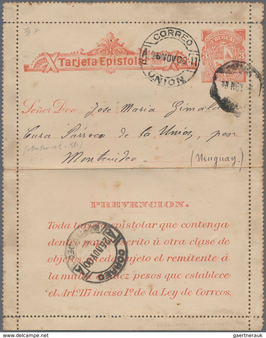 Uruguay - Ganzsachen: 1897, Stationery Reply Letter Card 3 C (few Stains) Commercially Used From "UN - Uruguay