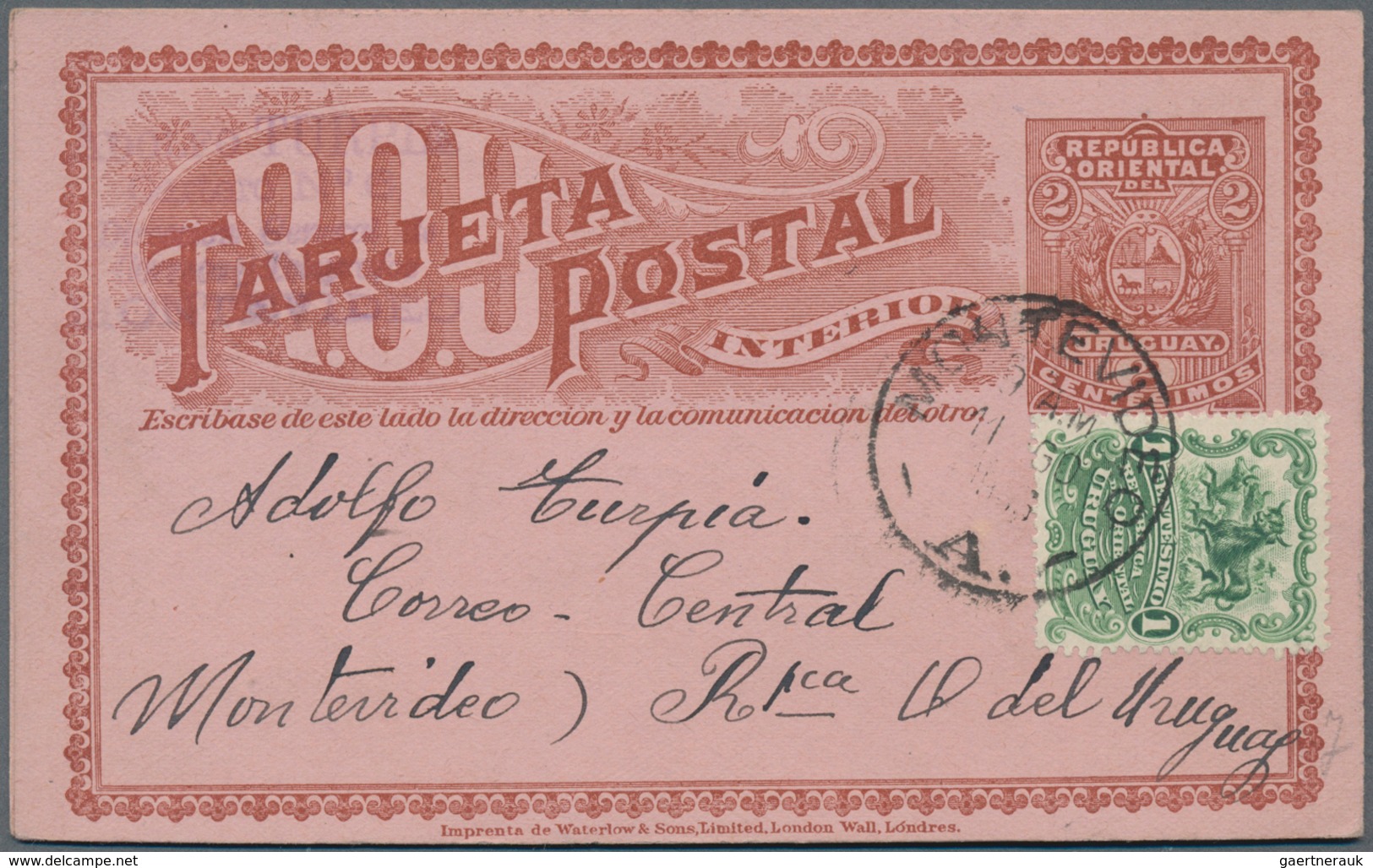 Uruguay - Ganzsachen: 1899, Stationery Double Card 2 C Carmine On Rose, Both Uprated 1 C Green And S - Uruguay