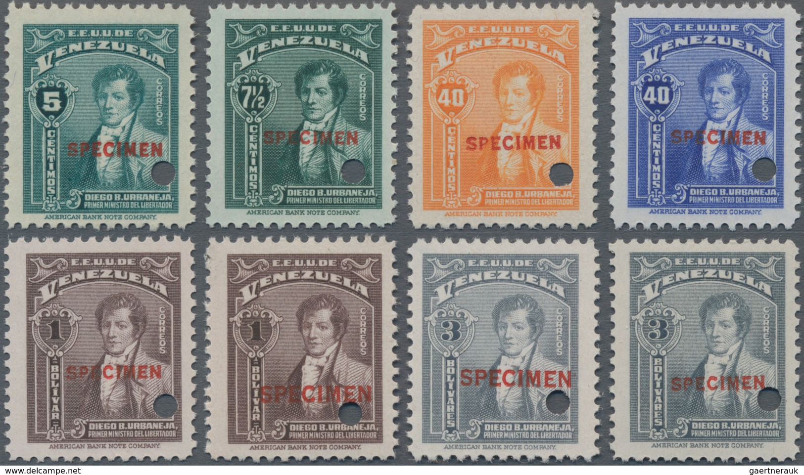 Venezuela: 1940/1947, Definitive Issue 'Diego B. Urbaneja' Eight Stamps With Punch Holes And Red Opt - Venezuela