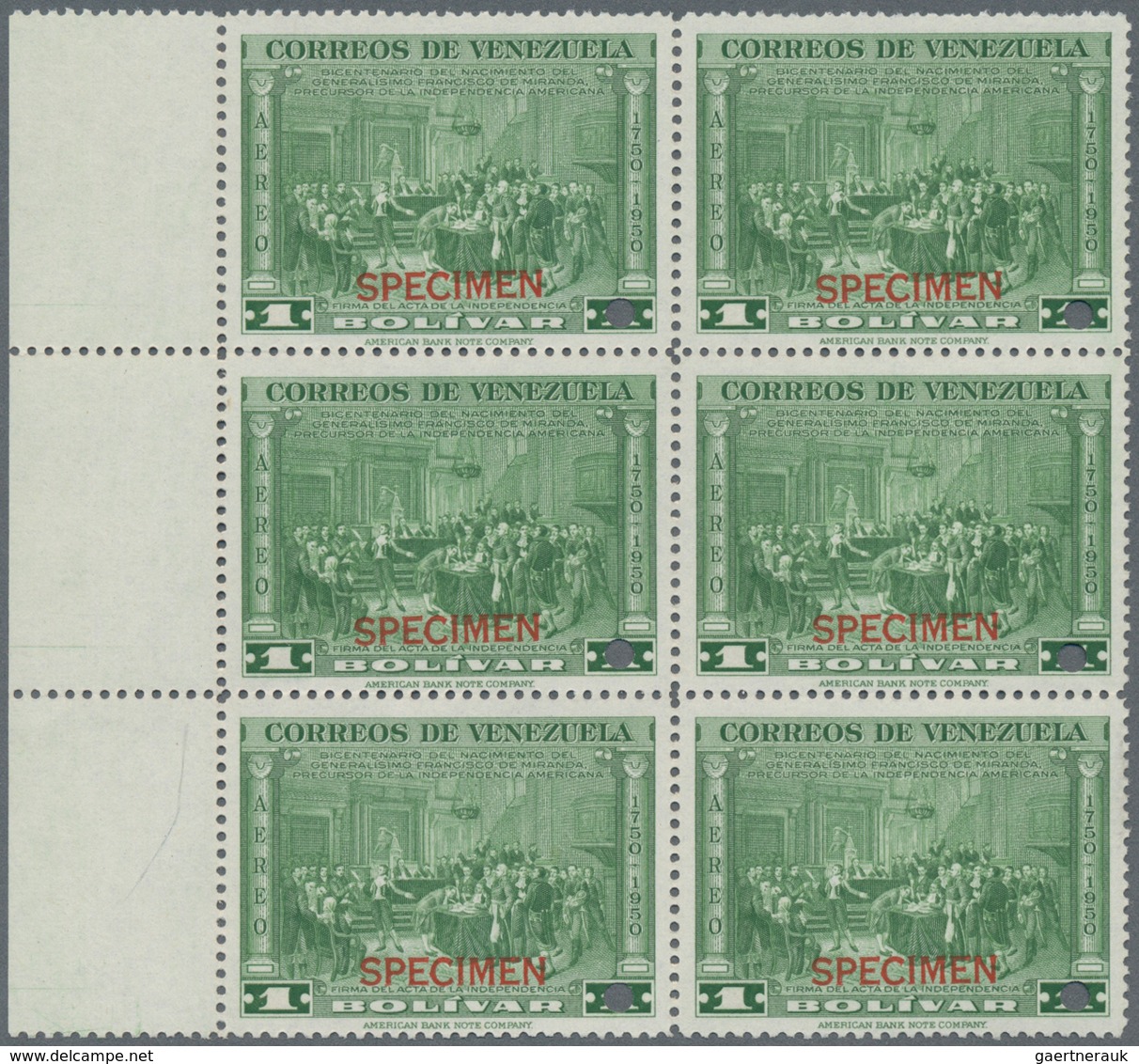 Venezuela: 1950, 200th Birthday Of Francisco De Miranda 1b. Green Block Of Six From Left Margin With - Venezuela