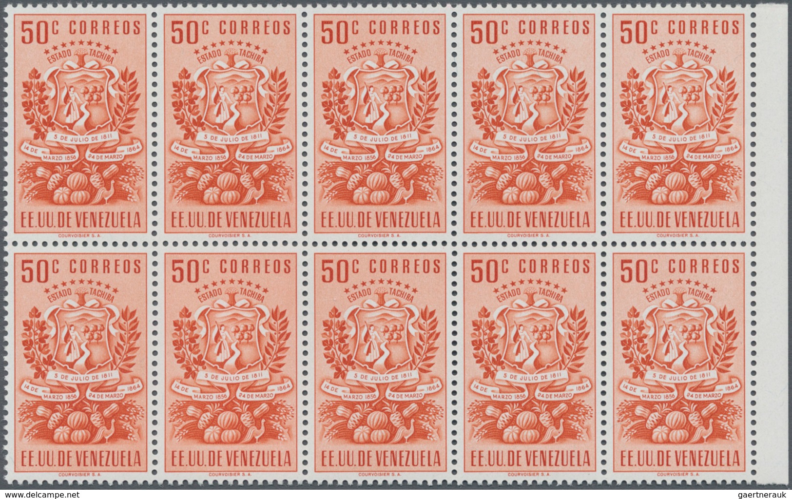 Venezuela: 1951, Coat Of Arms 'TACHIRA' Normal Stamps Complete Set Of Seven In Blocks Of Ten From Ri - Venezuela