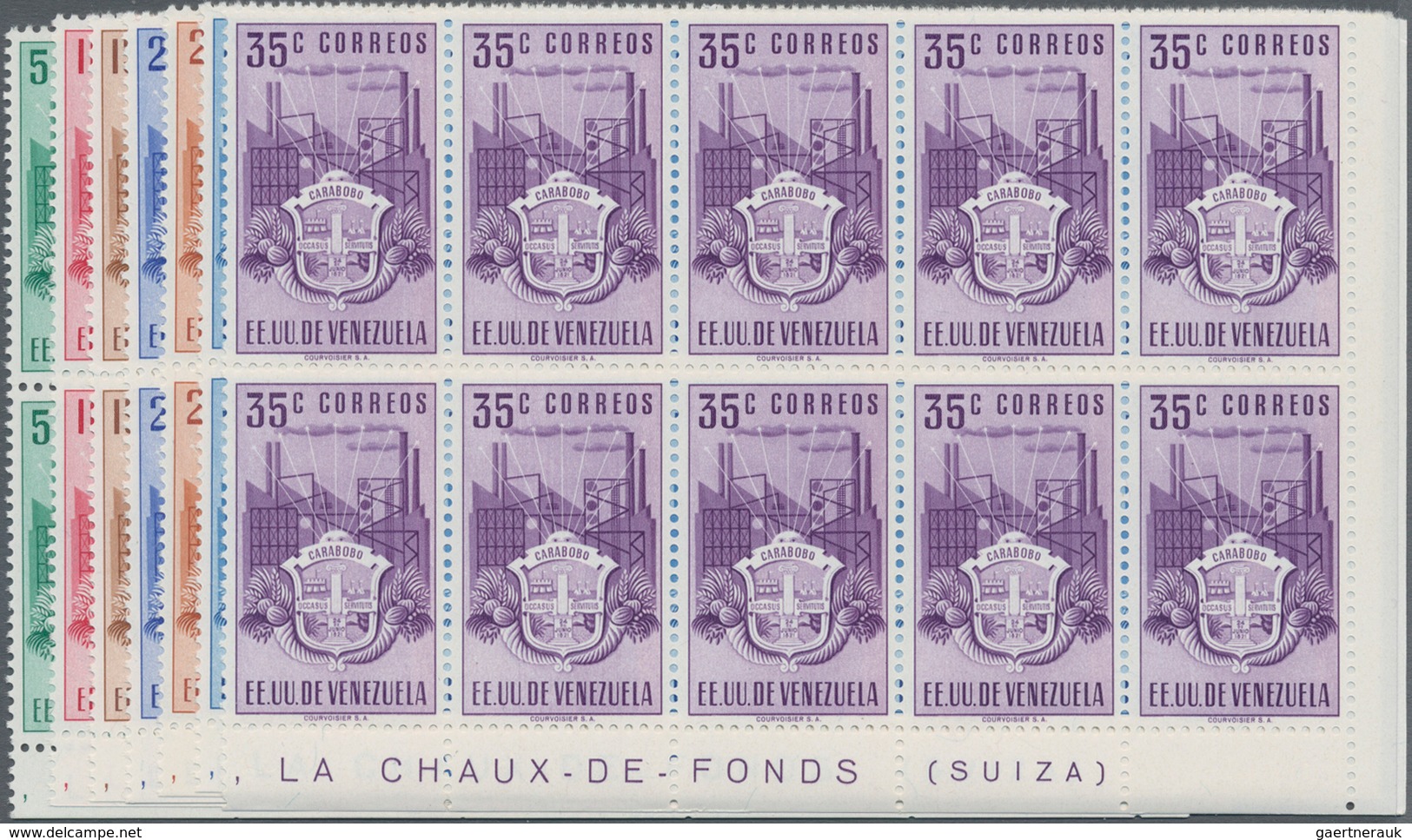 Venezuela: 1951, Coat Of Arms 'CARABOBO' Normal Stamps Complete Set Of Seven In Blocks Of Ten From L - Venezuela