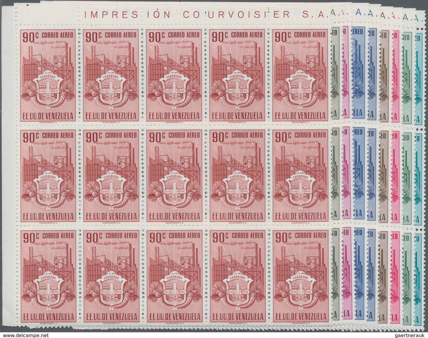 Venezuela: 1951, Coat Of Arms 'CARABOBO' Airmail Stamps Complete Set Of Nine In Blocks Of 15 From Up - Venezuela