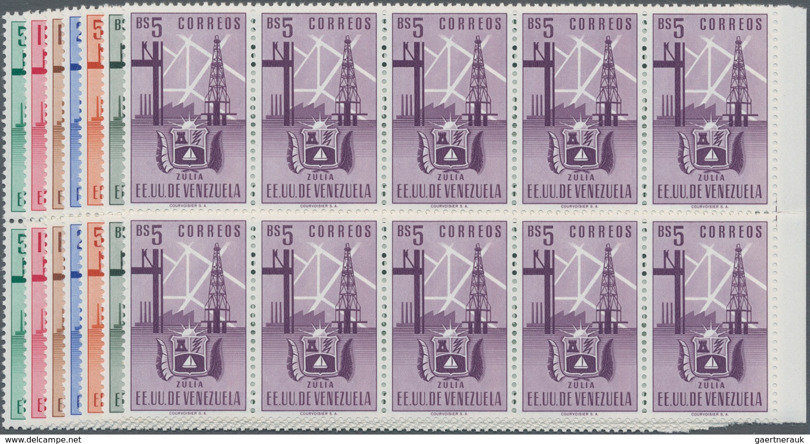 Venezuela: 1951, Coat Of Arms 'ZULIA' Normal Stamps Complete Set Of Seven In Blocks Of Ten From Righ - Venezuela