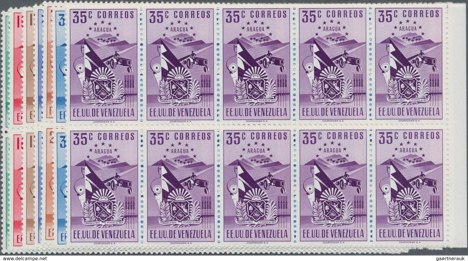 Venezuela: 1951, Coat Of Arms 'ARAGUA' Normal Stamps Complete Set Of Seven In Blocks Of Ten From Rig - Venezuela