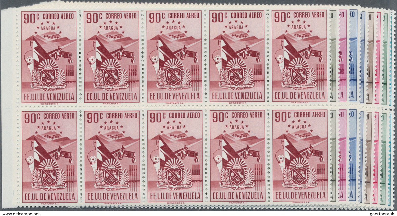 Venezuela: 1952, Coat Of Arms 'ARAGUA' Airmail Stamps Complete Set Of Nine In Blocks Of Ten From Lef - Venezuela