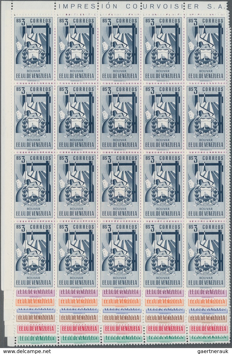 Venezuela: 1952, Coat Of Arms 'BOLIVAR' Normal Stamps Complete Set Of Seven In Blocks Of 20 From Upp - Venezuela