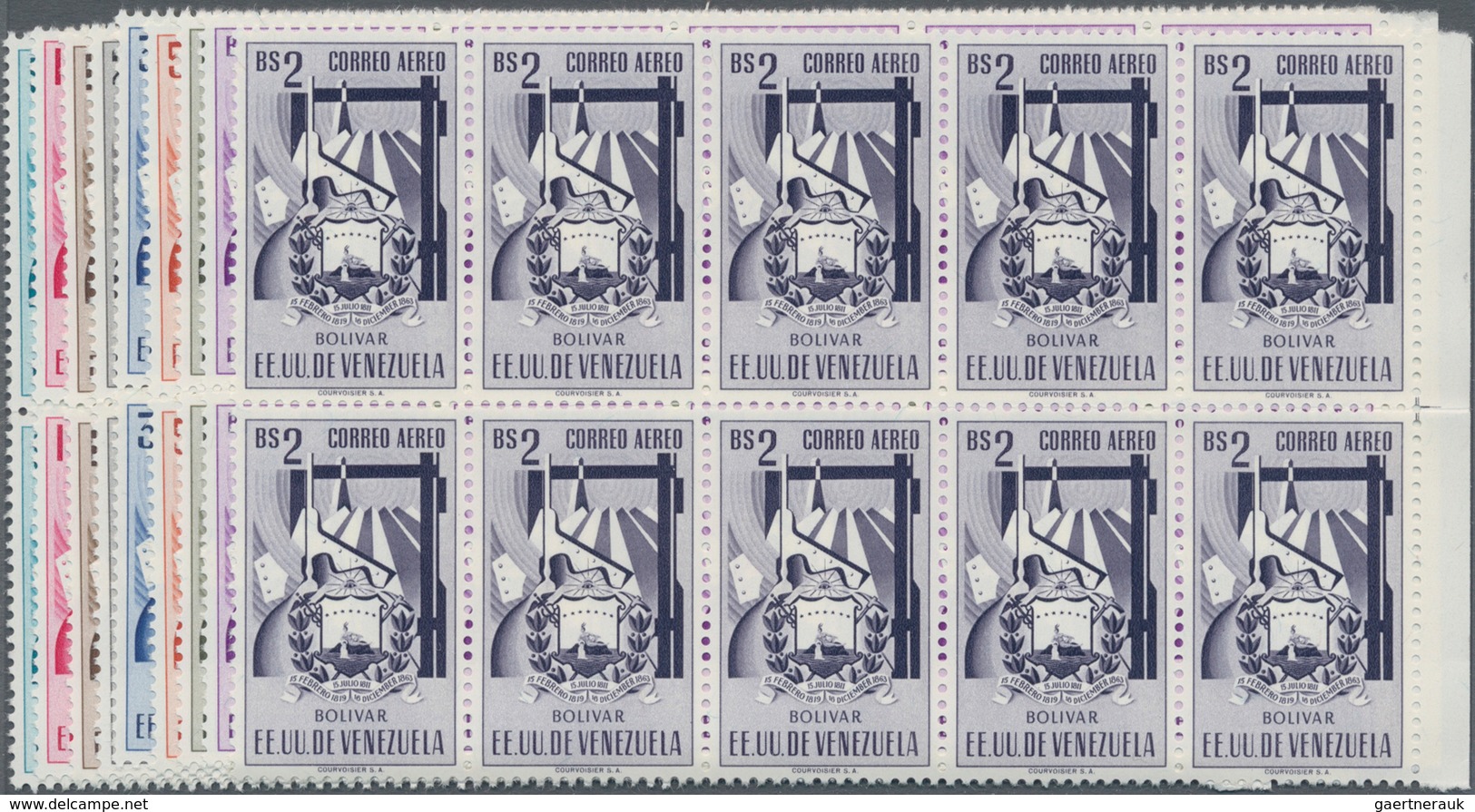 Venezuela: 1952, Coat Of Arms 'BOLIVAR' Airmail Stamps Complete Set Of Nine In Blocks Of Ten From Ri - Venezuela