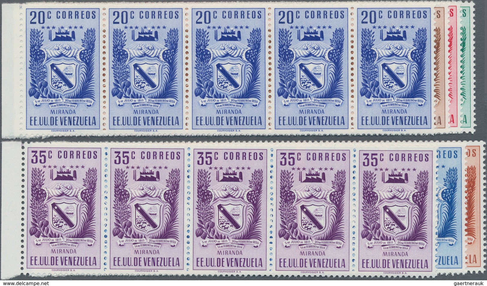 Venezuela: 1952, Coat Of Arms 'MIRANDA' Normal Stamps Complete Set Of Seven In Horizontal Strips Of - Venezuela
