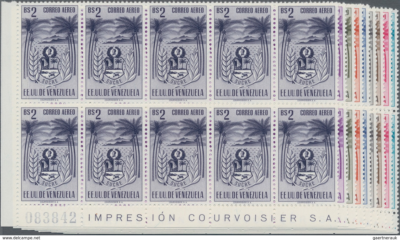 Venezuela: 1952, Coat Of Arms 'SUCRE' Airmail Stamps Complete Set Of Nine In Blocks Of Ten From Lowe - Venezuela