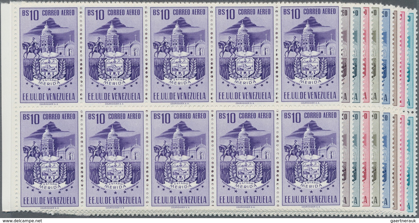 Venezuela: 1953, Coat Of Arms 'MERIDA' Airmail Stamps Complete Set Of Nine In Blocks Of Ten From Lef - Venezuela