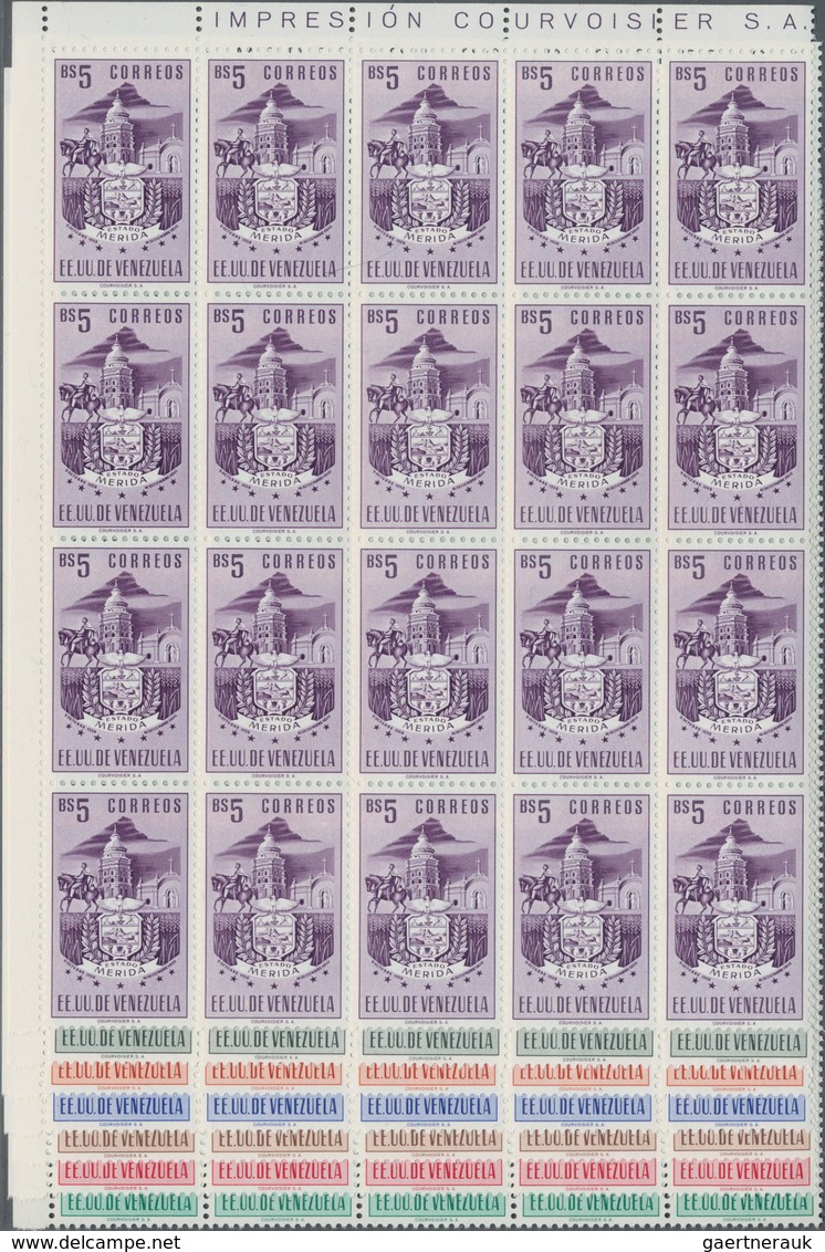 Venezuela: 1953, Coat Of Arms 'MERIDA' Normal Stamps Complete Set Of Seven In Blocks Of 20 From Uppe - Venezuela