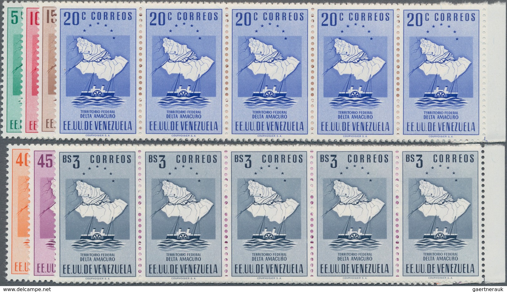 Venezuela: 1953, Coat Of Arms 'DELTA AMACURO' Normal Stamps Complete Set Of Seven In Horizontal Stri - Venezuela