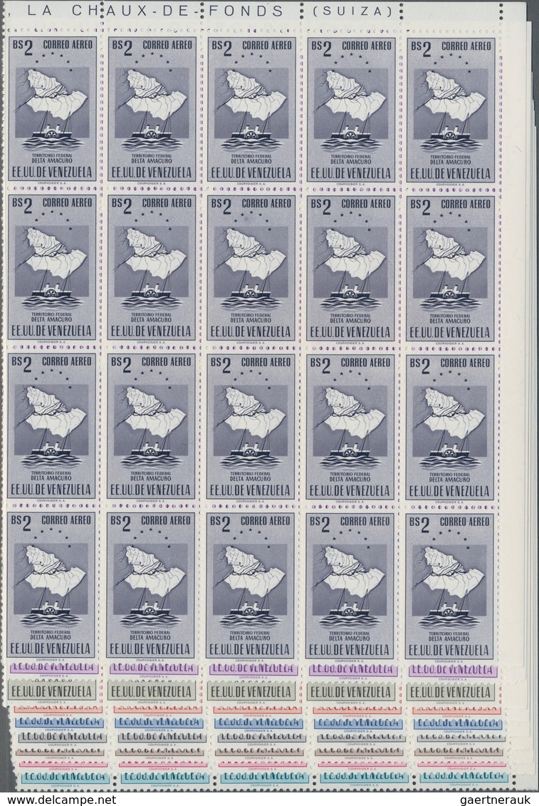 Venezuela: 1953, Coat Of Arms 'DELTA AMACURO' Airmail Stamps Complete Set Of Nine In Blocks Of 20 Fr - Venezuela