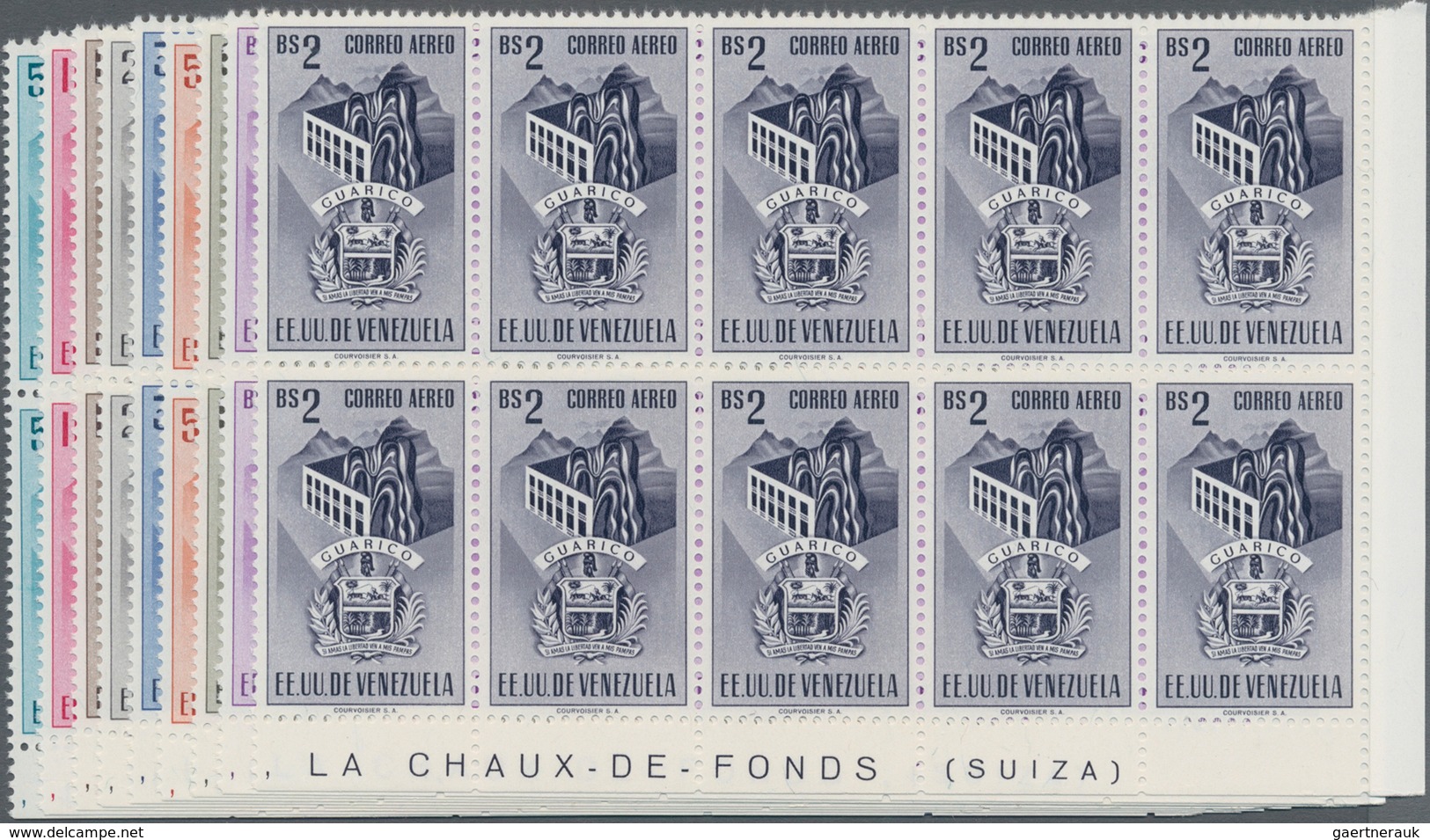 Venezuela: 1953, Coat Of Arms 'GUARICO' Airmail Stamps Complete Set Of Nine In Blocks Of Ten From Lo - Venezuela