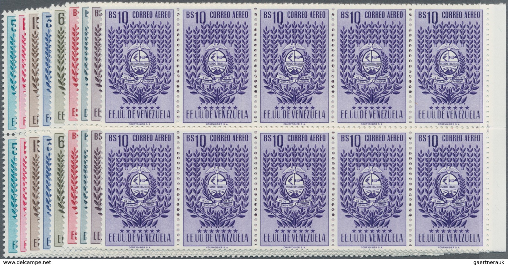 Venezuela: 1953, Coat Of Arms 'TRUJILLO' Airmail Stamps Complete Set Of Seven In Blocks Of Ten From - Venezuela