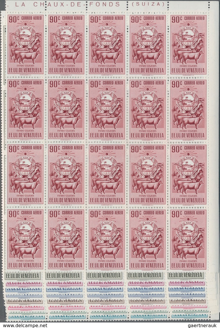 Venezuela: 1953, Coat Of Arms 'COJEDES' Airmail Stamps Complete Set Of Nine In Blocks Of 20 From Upp - Venezuela