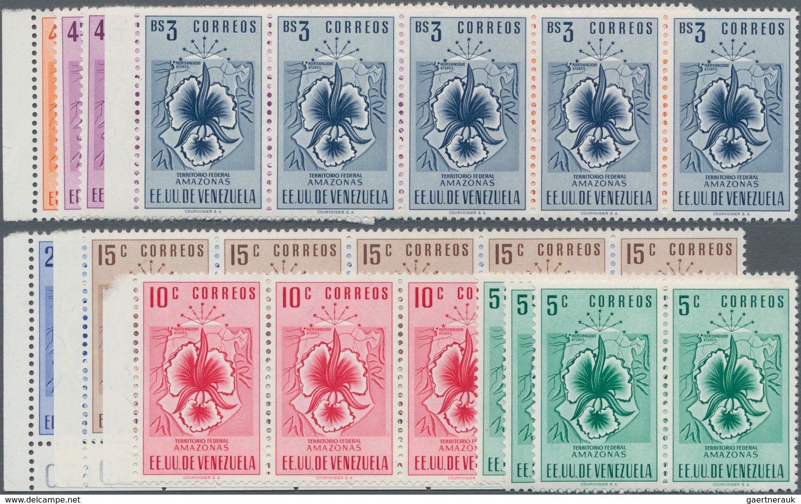 Venezuela: 1953, Coat Of Arms 'AMAZONAS' Normal Stamps Complete Set Of Seven In Horizontal Strips Of - Venezuela