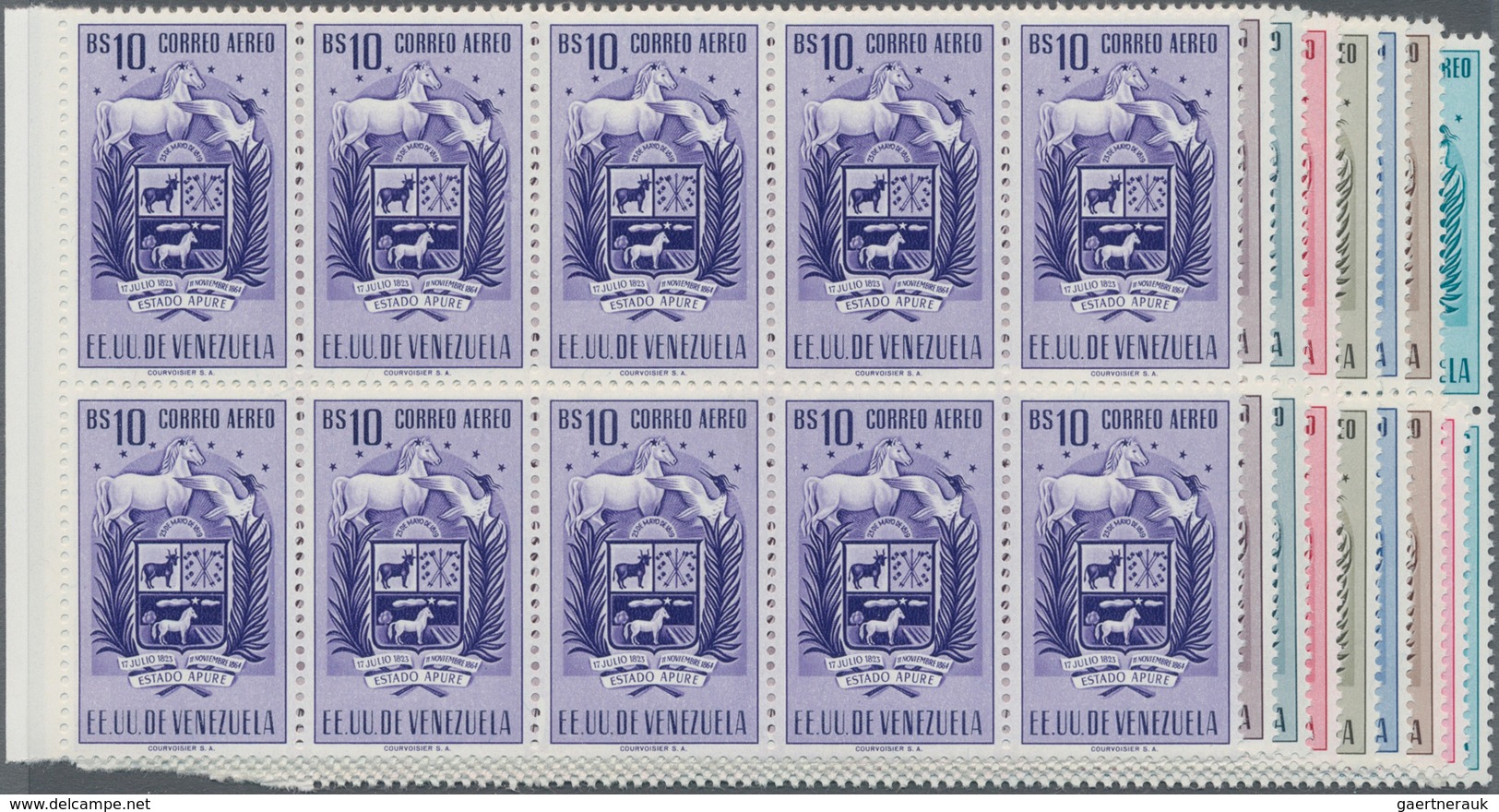 Venezuela: 1953, Coat Of Arms 'APURE' Airmail Stamps Complete Set Of Nine In Blocks Of Ten From Left - Venezuela