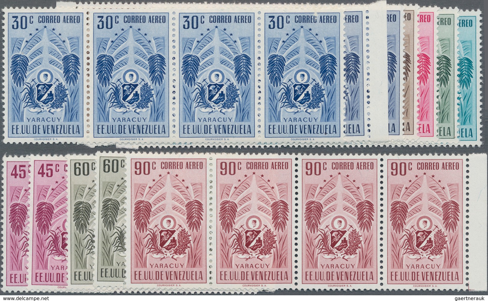 Venezuela: 1953, Coat Of Arms 'YARACUY' Airmail Stamps Complete Set Of Seven In Horizontal Strips Of - Venezuela