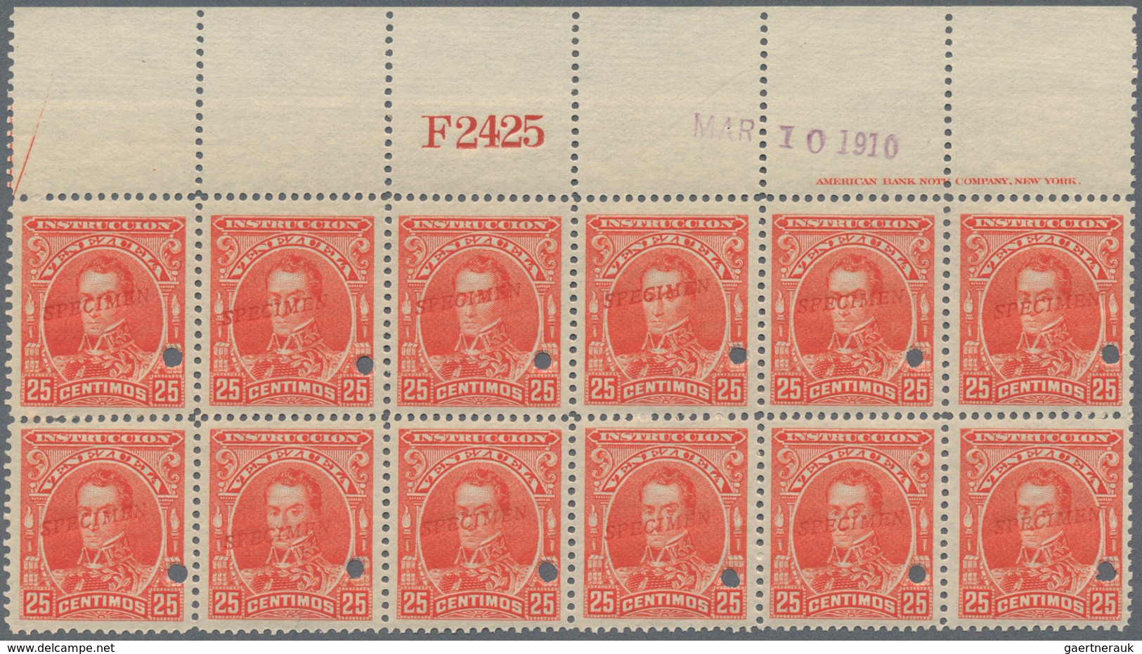 Venezuela - Stempelmarken: 1910, Revenue Stamp 'INSTRUCCION' 25c. Red-orange 'General Bolivar' Block - Venezuela