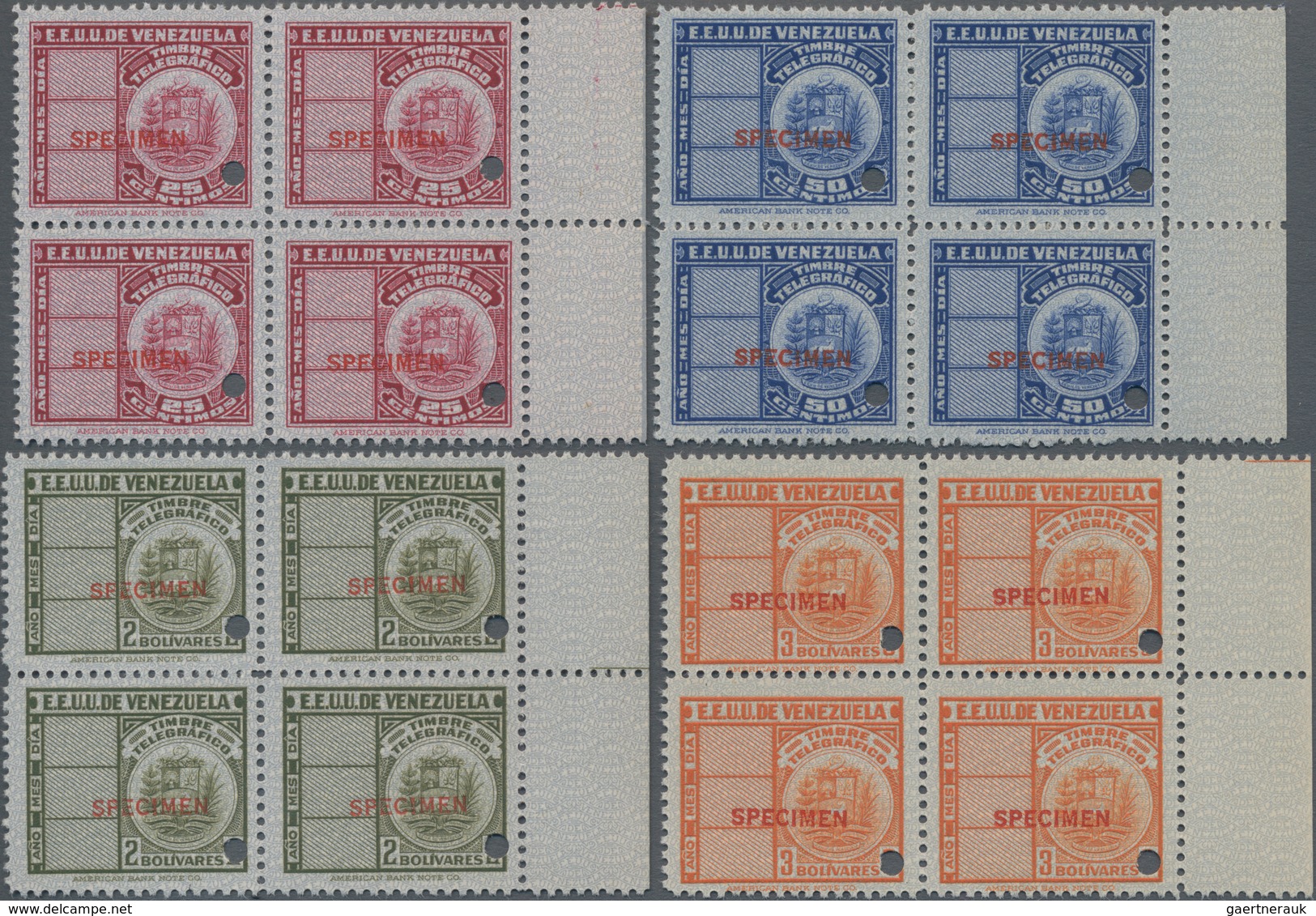 Venezuela - Stempelmarken: 1938 (ca.), Four Different Revenue Stamps 'TIMBRE TELEGRAFICO' 25c. Carmi - Venezuela