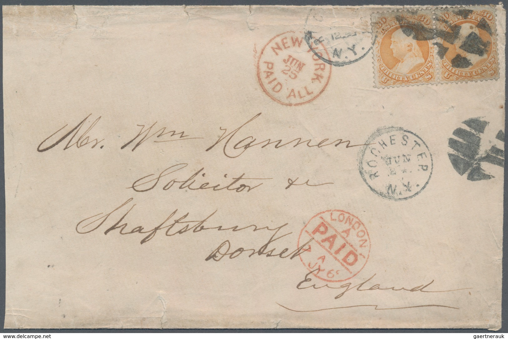 Vereinigte Staaten Von Amerika: 1868, 30c. Orange, Horiz. Pair On Large Sized Quintruple Weight Cove - Briefe U. Dokumente