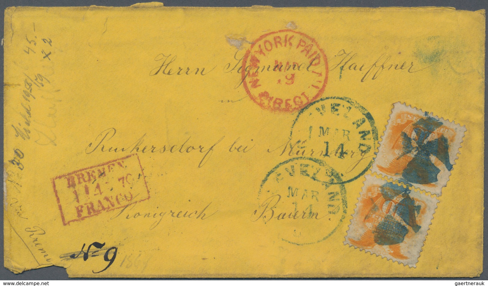 Vereinigte Staaten Von Amerika: 1869 'Shield & Eagle' 10c. Yellowish Orange, Two Singles, Used On Ye - Briefe U. Dokumente