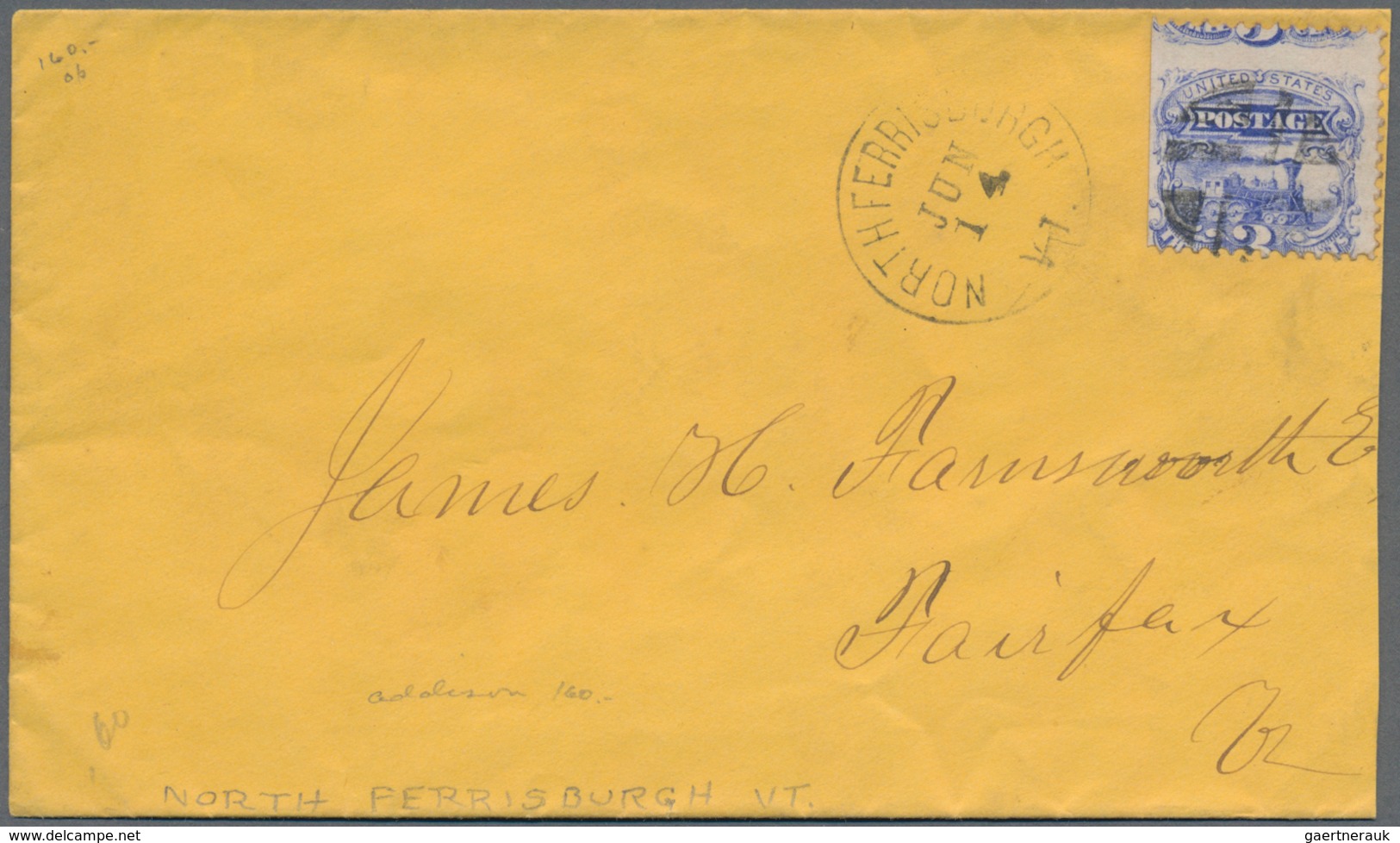 Vereinigte Staaten Von Amerika: 1869, Letter With Single Franking From 3c. Railway, Completely Mispe - Briefe U. Dokumente