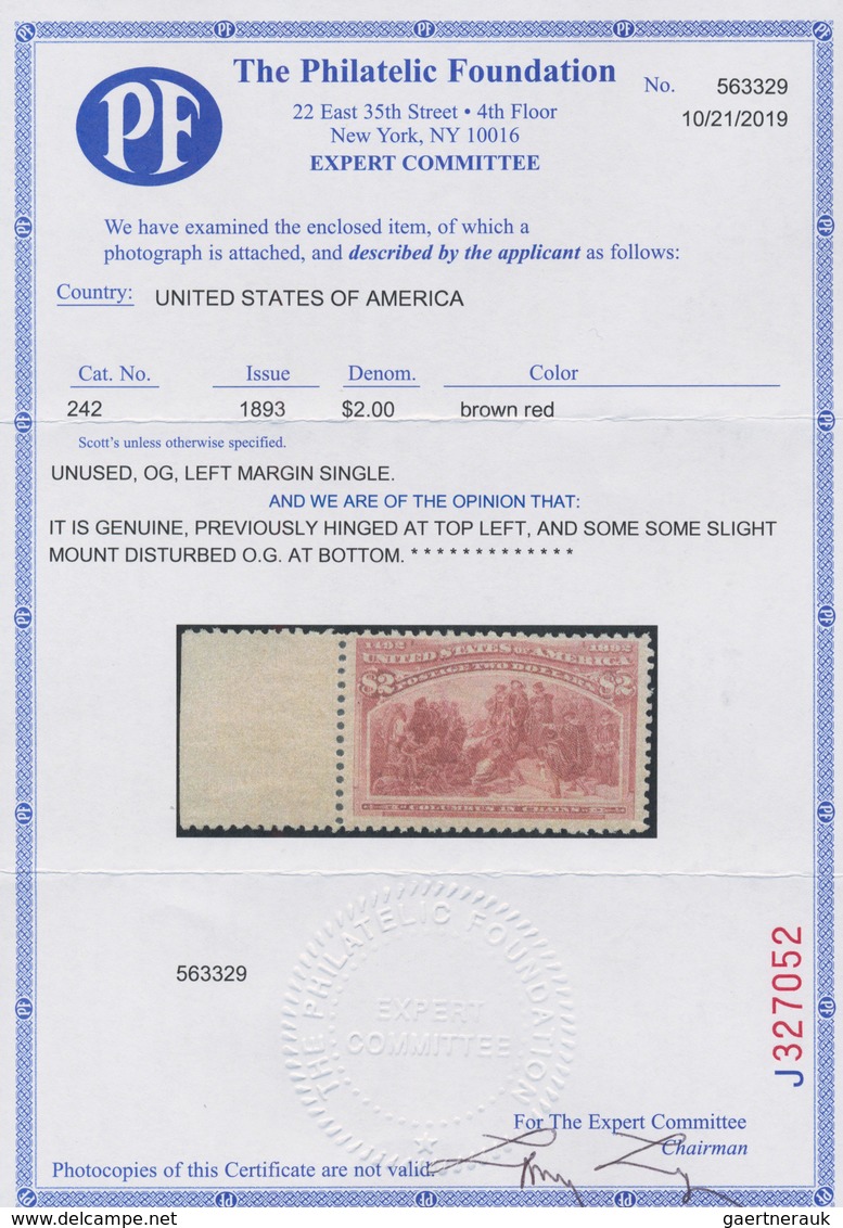 Vereinigte Staaten Von Amerika: 1893, Columbus $2 Brown Red, Left Marginal Copy Of Fresh Colour, Nor - Brieven En Documenten