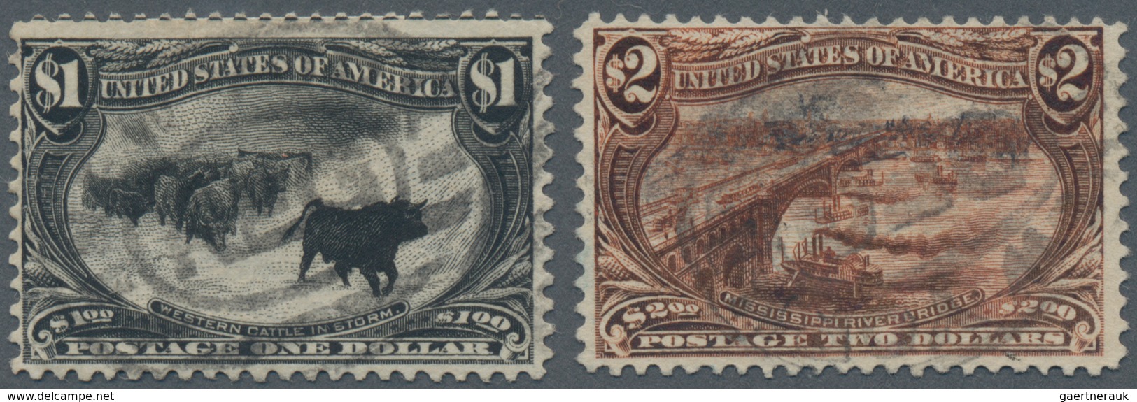 Vereinigte Staaten Von Amerika: 1898, Omaha $1 Black And $2orange-brown, Two Used Copies, $1 Tear At - Briefe U. Dokumente