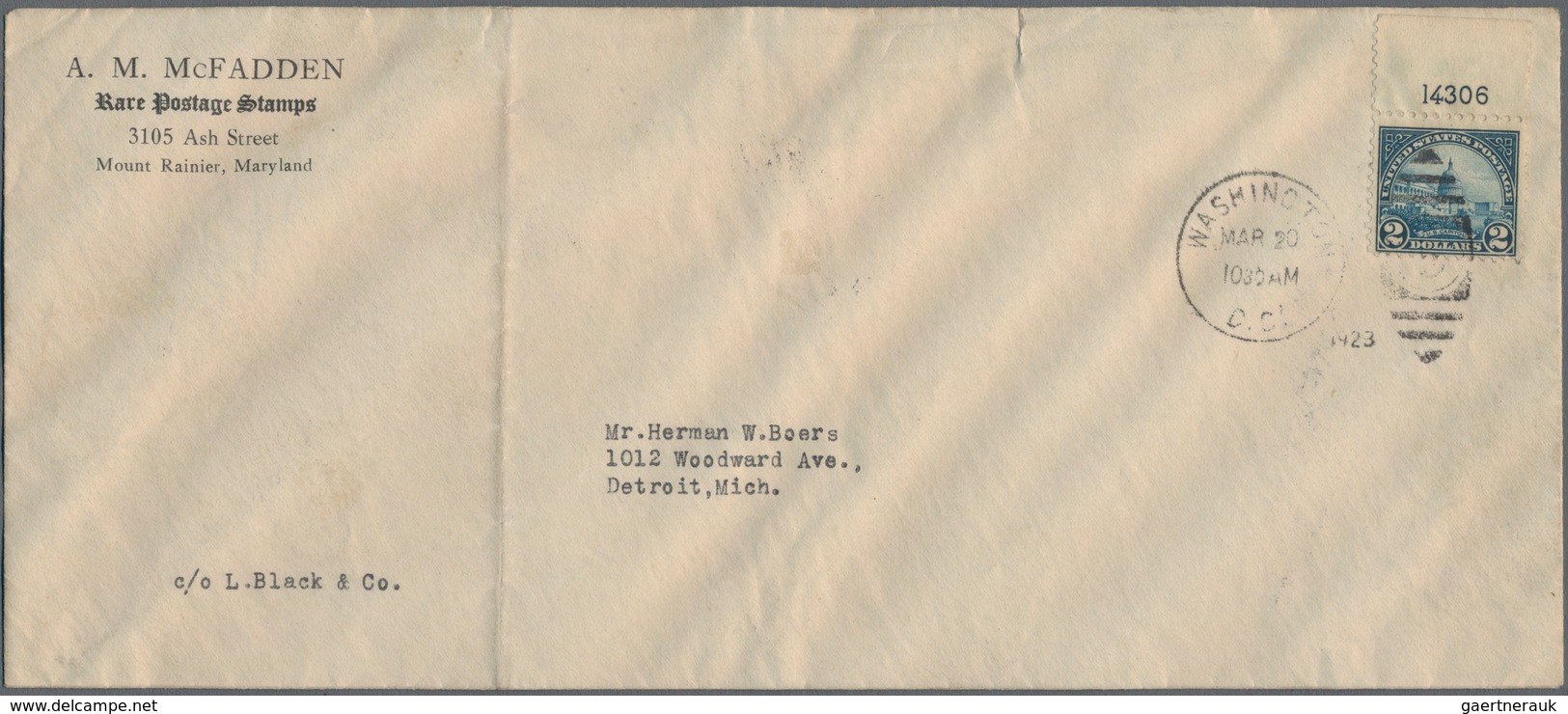 Vereinigte Staaten Von Amerika: 1923. $2.00 Capitol (Scott 572) With Plate No. 14306 At Top, Tied By - Briefe U. Dokumente