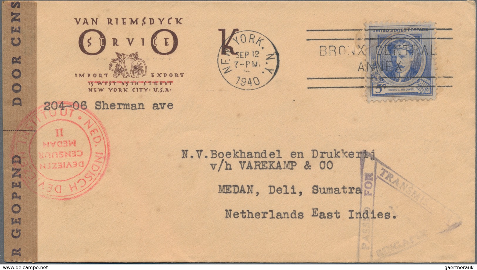 Vereinigte Staaten Von Amerika: 1940, 5 C. MacDowell Canc. "NEW YORK SEP 12 1940" To Censored Cover - Briefe U. Dokumente