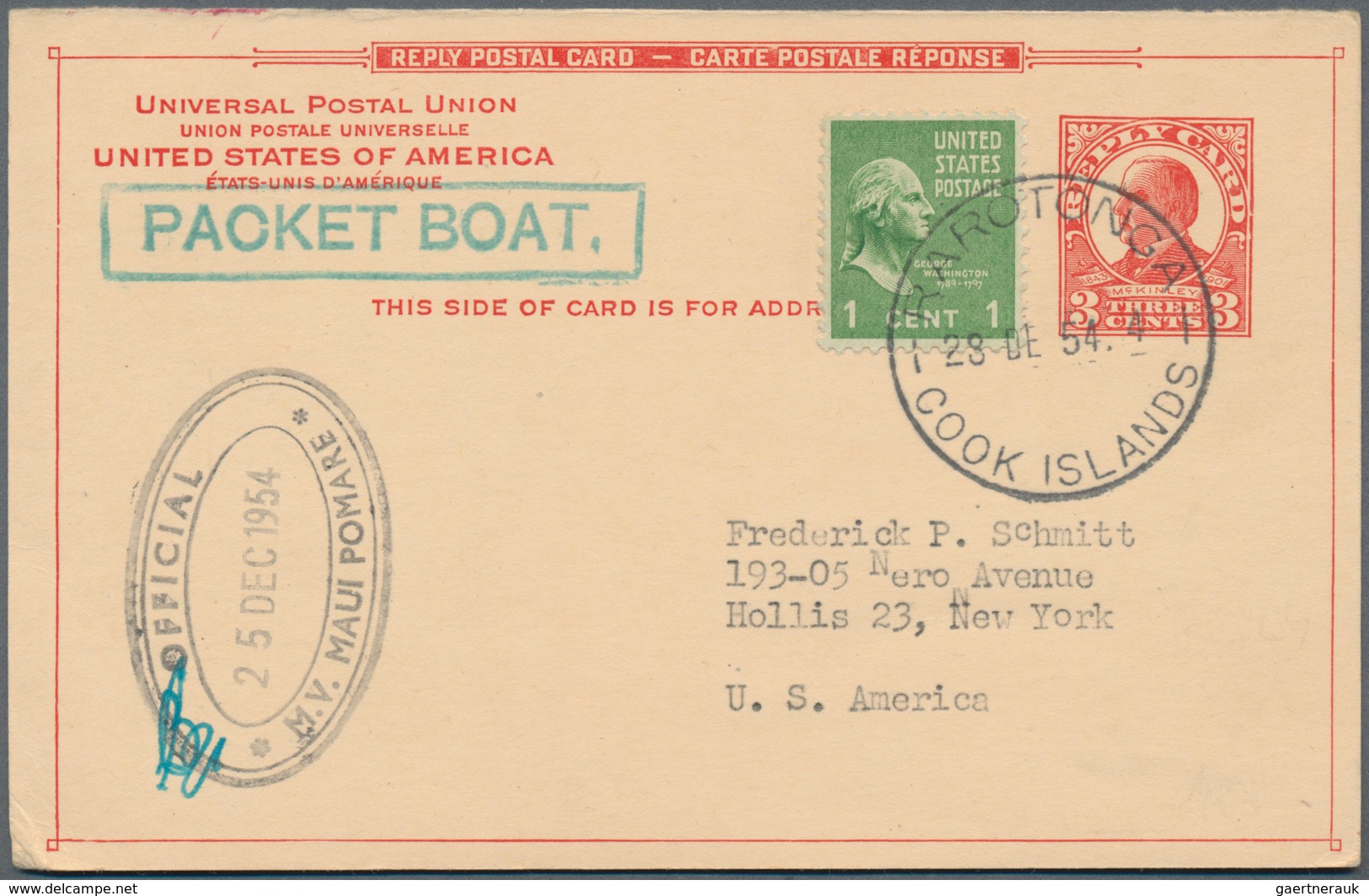 Vereinigte Staaten Von Amerika - Ganzsachen: 1954, Reply Card McKinley 3c. Red Uprated By 1c. Green, - Sonstige & Ohne Zuordnung