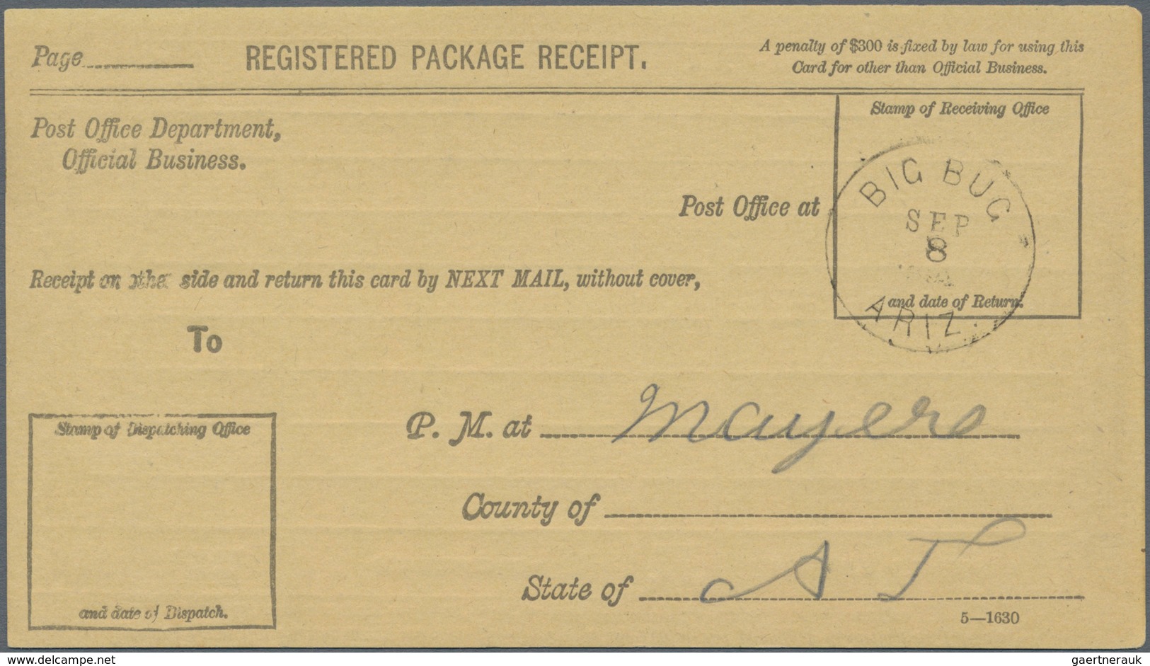 Vereinigte Staaten Von Amerika - Stempel: BIG BUG: 1890 (ca.), Stampless 'Registered Package Receipt - Postal History