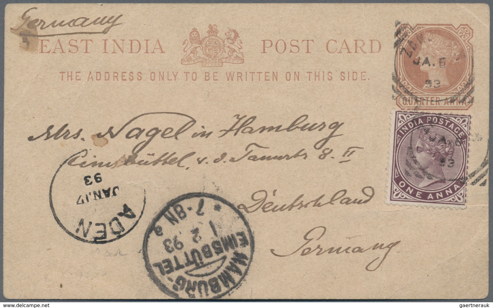 Zanzibar: 1893, Stationery Card India 1/4 A. Uprated 1 A. Tied Two Strikes "ZANZIBAR JA 6 93" Via "A - Zanzibar (...-1963)