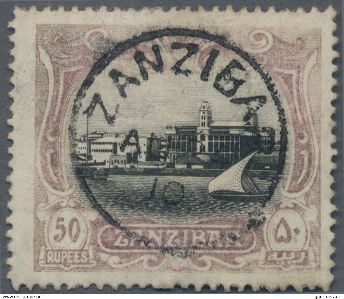 Zanzibar: 1908-09 50r. Black And Mauve, Used And Cancelled By Full Strike Of "ZANZIBAR/AU 24/10" C.d - Zanzibar (...-1963)