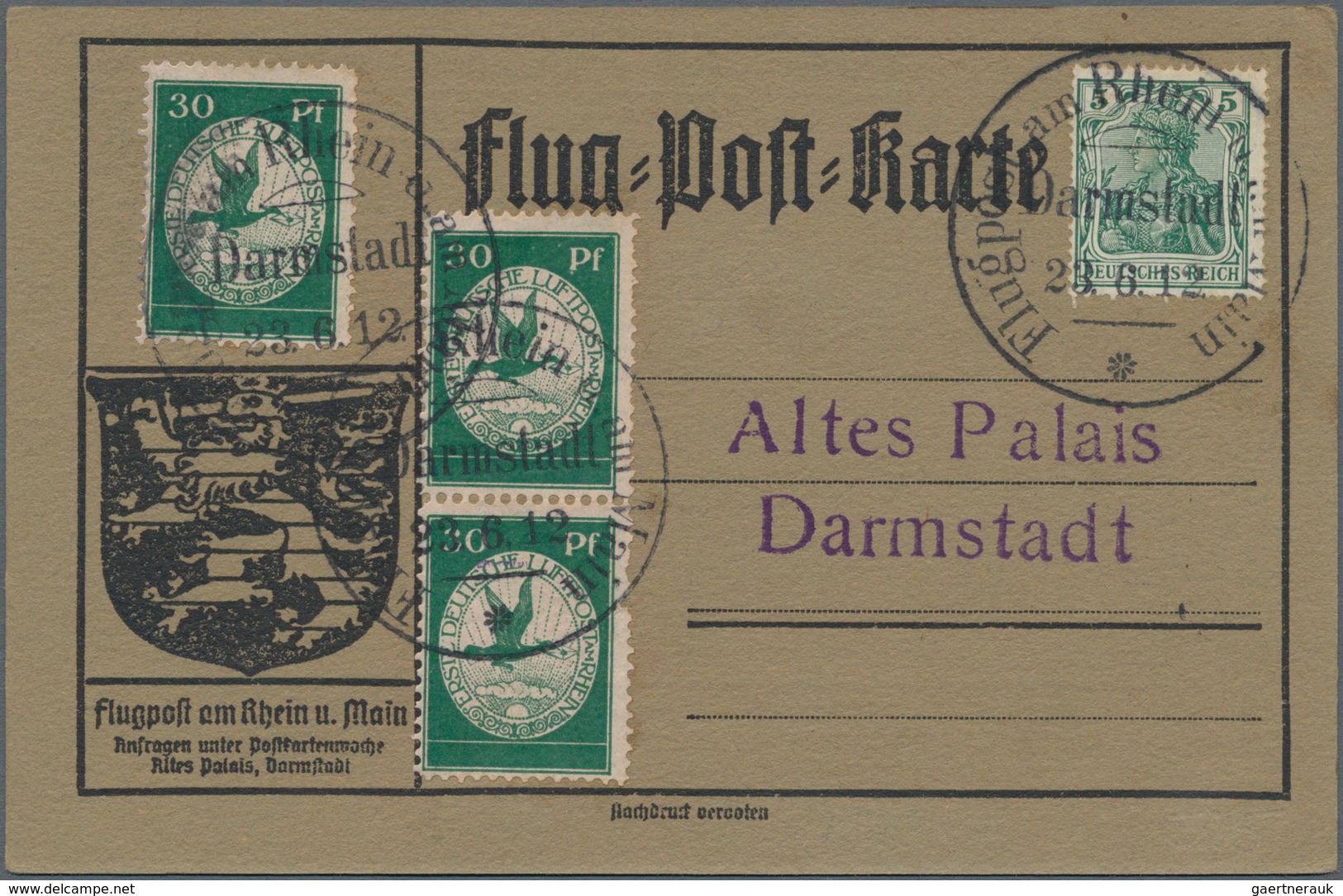 Flugpost Deutschland: 1912, Flugpost Rhein-Main, Belege-Quartett, dabei 10 Pf Flugpostmarke mit 10 P