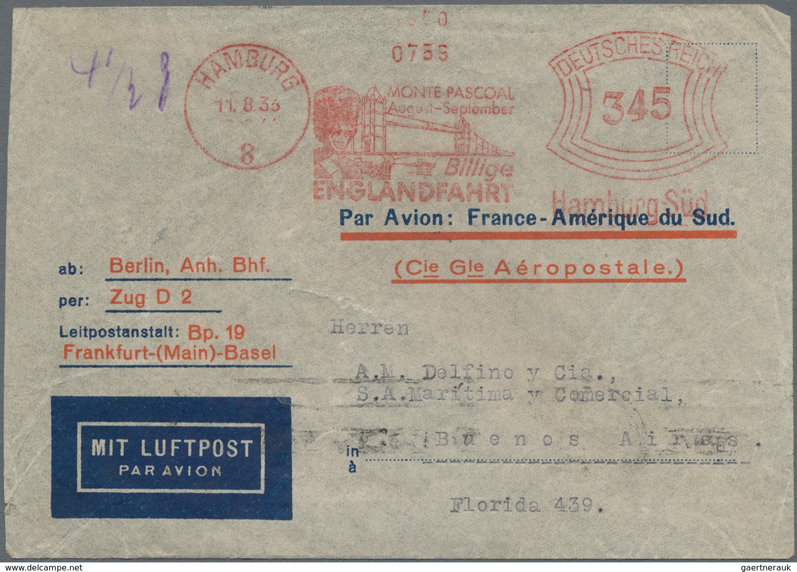 Flugpost Deutschland: 1933, "ENGLANDFAHRT Monte Pascoal" Freistempler "345" In Rot Aus Hamburg Auf L - Luft- Und Zeppelinpost