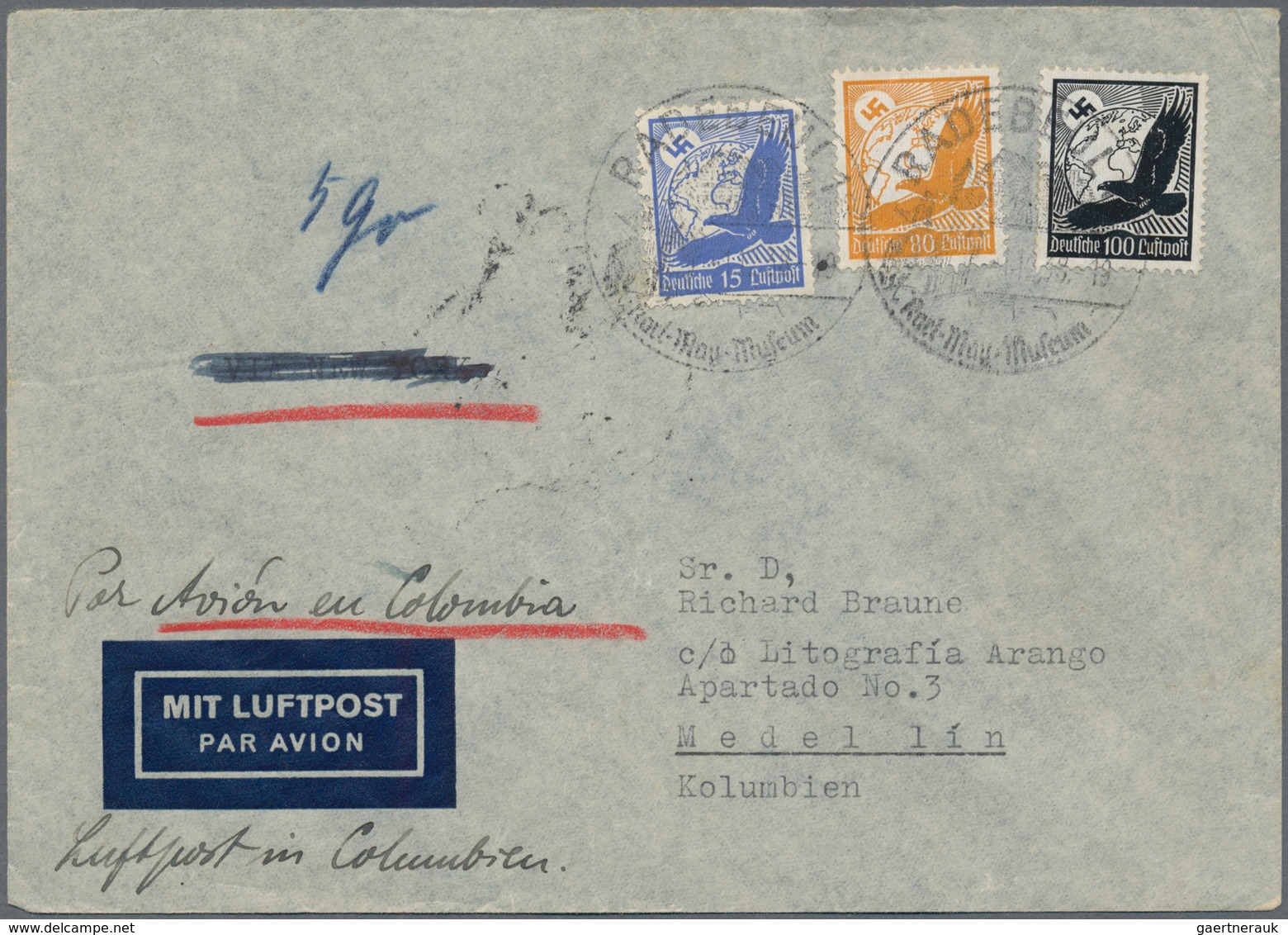 Flugpost Deutschland: 1938/39, Adler 195 Pfg. Mischfrankatur Auf Luftpostbrief Aus Radebeul Nach Med - Airmail & Zeppelin