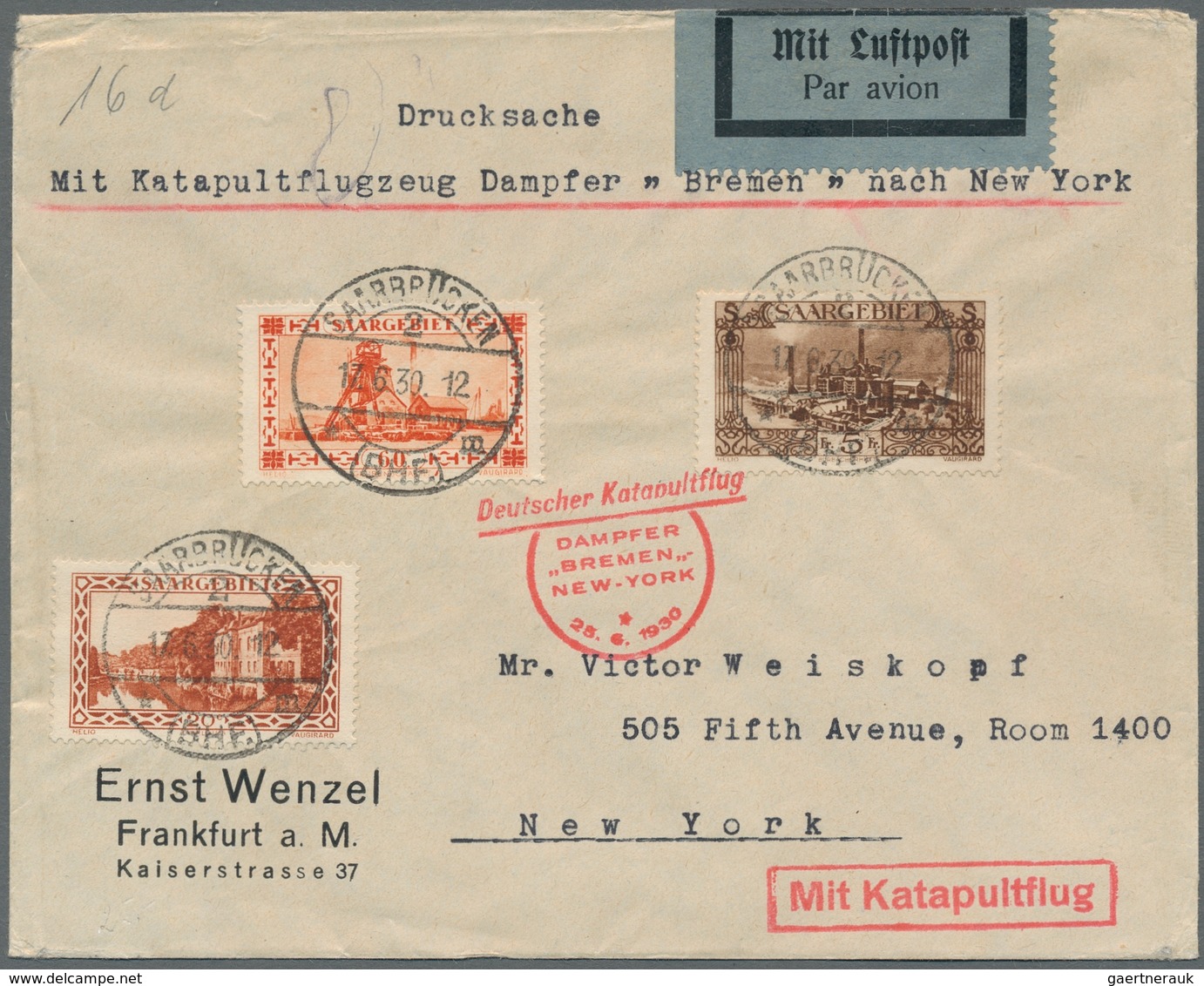 Katapult- / Schleuderflugpost: 1930 -"Bremen" - New York, Zuleitung Saar Auf Drucksache Mit Aufliefe - Airmail & Zeppelin