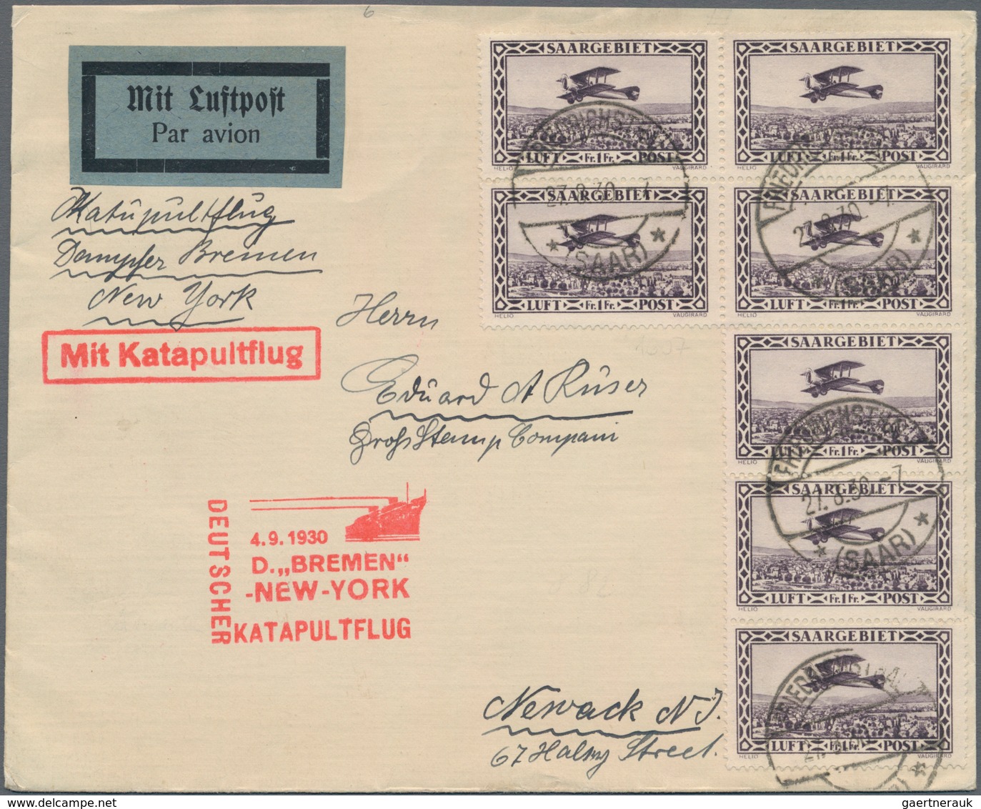Katapult- / Schleuderflugpost: 1930, Saargebiet, Zuleitung Zum Katapultflug 'D.BREMEN - NEW YORK, 4. - Luft- Und Zeppelinpost