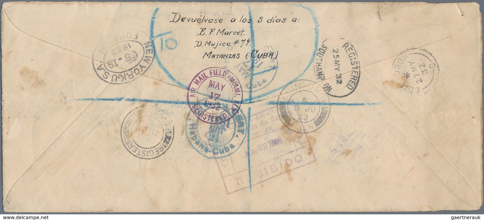 Katapult- / Schleuderflugpost: 1932, Cuba, 5 C Blue Postal Stationery Envelope, Uprated With 10 C Ye - Airmail & Zeppelin