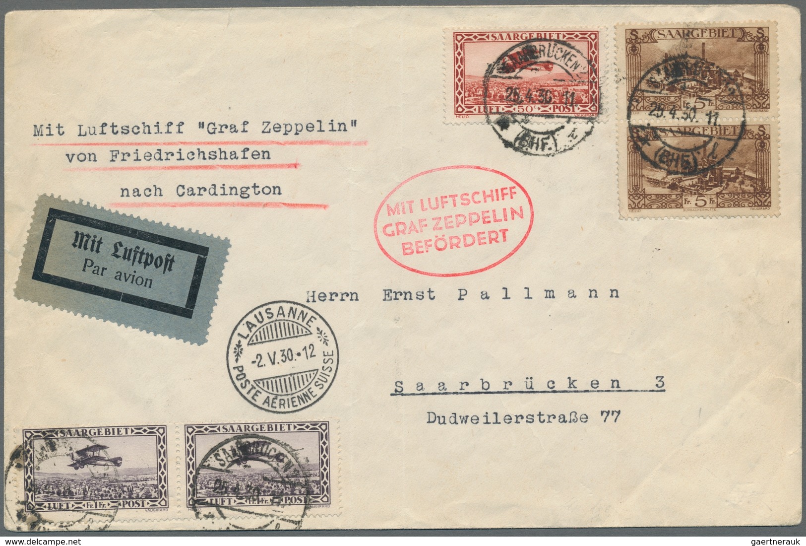 Zeppelinpost Deutschland: 1930 - Schweizfahrt, Zuleitung Saar Auf Portorichtige Frankiertem Flugbrie - Airmail & Zeppelin