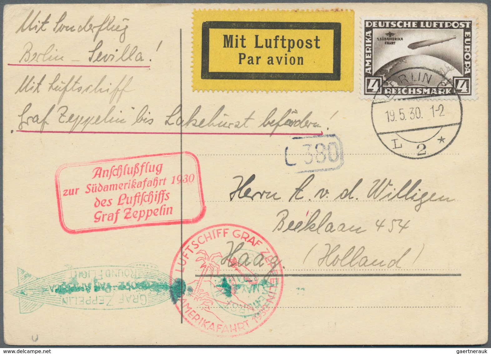 Zeppelinpost Deutschland: 1930. German Postcard Flown On The Graf Zeppelin LZ127 Airship's 1930 Süda - Airmail & Zeppelin