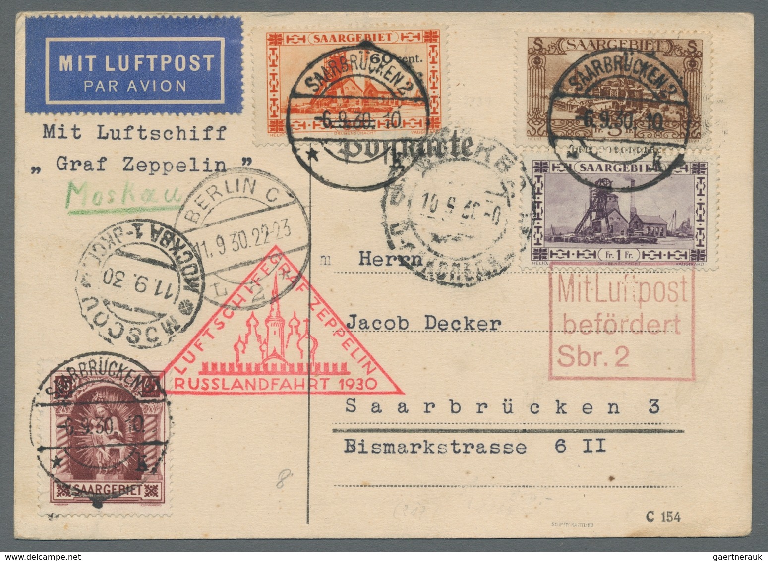 Zeppelinpost Deutschland: 1930 - Russlandfahrt, Zuleitung Saar Auf Frankierter Karte Mit Bestätigung - Airmail & Zeppelin